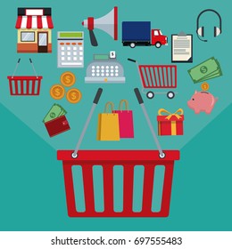color background with basket shopping with handle and online shopping elements