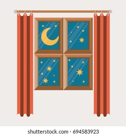 color background of bedroom window with curtain and night landscape vector illustration