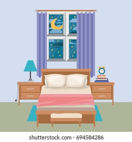 color background of bedroom with window in the night landscape vector illustration