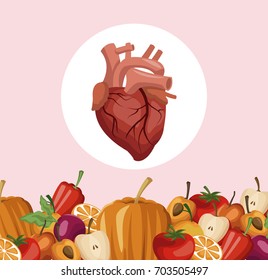 color background with border vegetables and fruits healthy food to heart organ