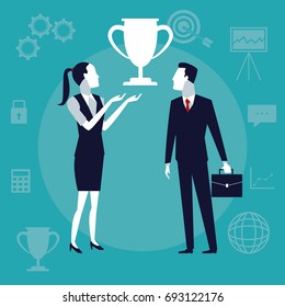 color background business growth with executive couple with symbol cup trophy