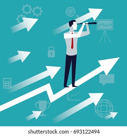 color background business growth with executive man with telescope looking to the future