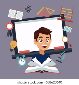 color background with chalk board and boy student with book in learning with elements school