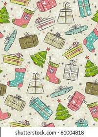 color background with christmas present,tree,sock,  vector illustration