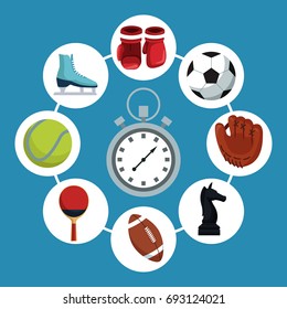 color background with chronometer with icons elements sport in circular frames around