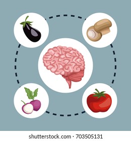 color background circular frame with brain organ and set vegetables healthy food around