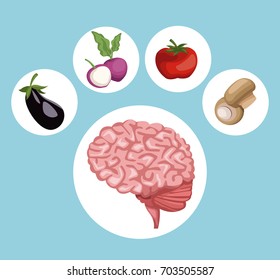 color background with circular frame brain organ and vegetables healthy food icons
