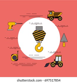 color background circular frame with crane hook and tools for construction around vector illustration