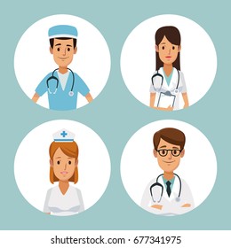 color background with circular frame half body group team specialist doctors inside