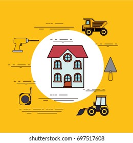 color background circular frame with house facade with two floors and tools for construction around vector illustration