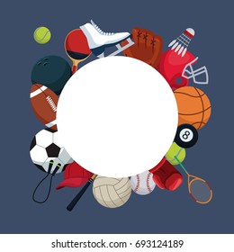 color background with circular frame and icons elements sport around