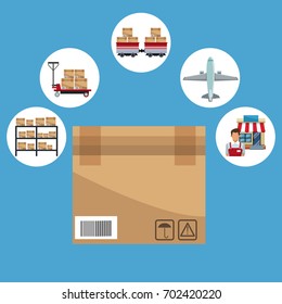 color background with circular frame of icons storage logistics and closeup of carton box closed