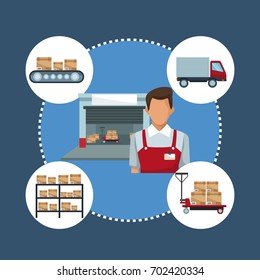 color background with circular frame of icons storage logistics and closeup delivery courier man with warehouse storage