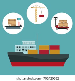 color background with circular frame of icons storage logistics and closeup freighter ship with containers