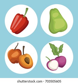 color background with circular frame red pepper onion nd fruits healthy food