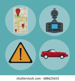 color background of circular frame set with elements car location gps