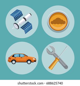 color background of circular frame set with elements car satellite search and tools