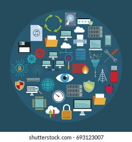 color background with circular frame of set collection technology elements