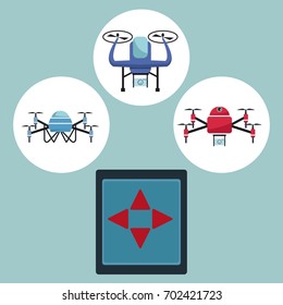 color background with circular frame set icons of quadrocopters and drones with closeup remote control of tech device