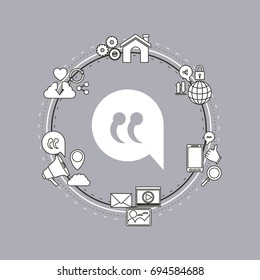 color background of circular frame of tech share internet icons and closeup silhouette bubble dialog box vector illustration