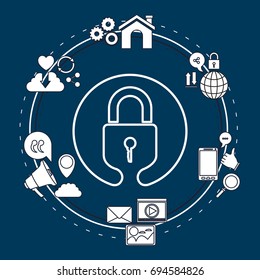 color background of circular frame of tech share internet icons and closeup silhouette padlock shape vector illustration