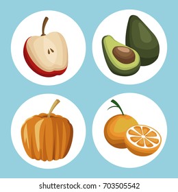 color background with circular frame vegetables and fruits healthy food