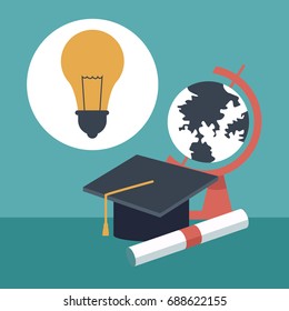 color background with closeup graduation cap and certificated with globe map and light bulb icon