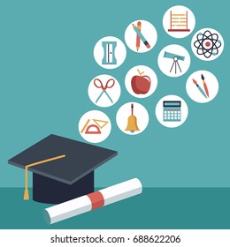 color background with closeup graduation cap and certificated with elements academic in icons floating
