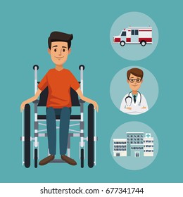 color background with closeup man in wheelchair and circular frame elements hospital