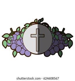 color background with communion religious icons of grapes and christian cross with half shadow vector illustration