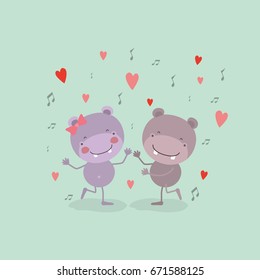 color background with couple of hippos dancing in love vector illustration