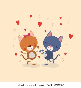 color background with couple of kittens dancing in love vector illustration