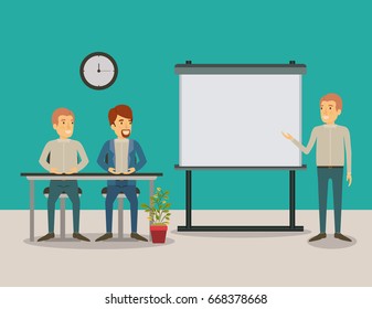 color background couple of man sitting in a desk for executive in presentacion business people vector illustration