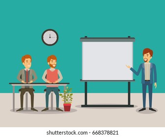 color background couple of man sitting in a desk for executive lecturer in presentacion business people vector illustration