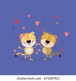 color background with couple of tigers dancing in love vector illustration