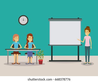 color background couple of women sitting in a desk for female executive in presentacion business people vector illustration