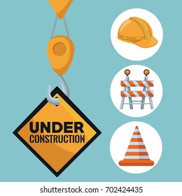 color background with crane hook holding a transit signal in diamond shape with under construction text and icons of tools