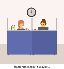color background cubicles workplace office with young lady and elderly woman employees vector illustration