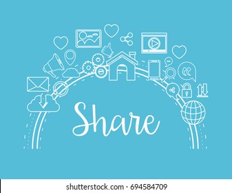 color background of curve frame of tech internet icons with share text vector illustration