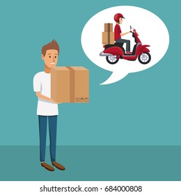 color background with customer with package and dialog box with scooter fast delivery