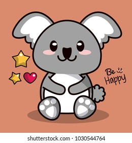 color background with cute kawaii animal koala and floating hearts with stars