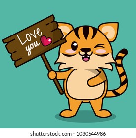 color background with cute kawaii animal stripe tiger standing with wooden sign love you