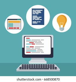 color background desk computer device with icons in circular frame of web development