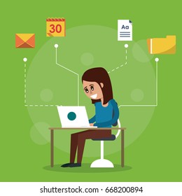 color background of desk with laptop computer and woman sitting in side view and computer icons apps on top