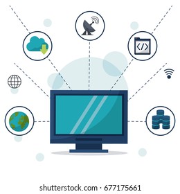 color background with desktop computer in closeup and network connections and apps around
