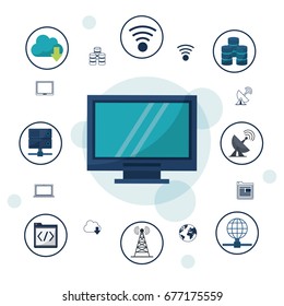 color background with desktop computer and icons network connections and communications around