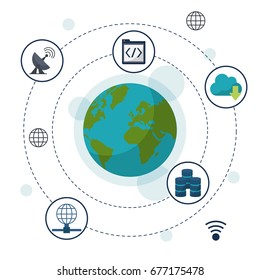 color background with earth globe in closeup and network storage icons around