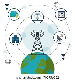 color background with earth globe in closeup and network communication icons on top