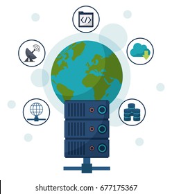 color background with earth globe and network server in closeup and communication icons around