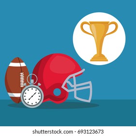 color background with elements american soccer and chronometer with circular frame cup trophy